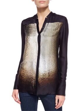 Halston Heritage Silk Animal Fur Printed Top Button Down